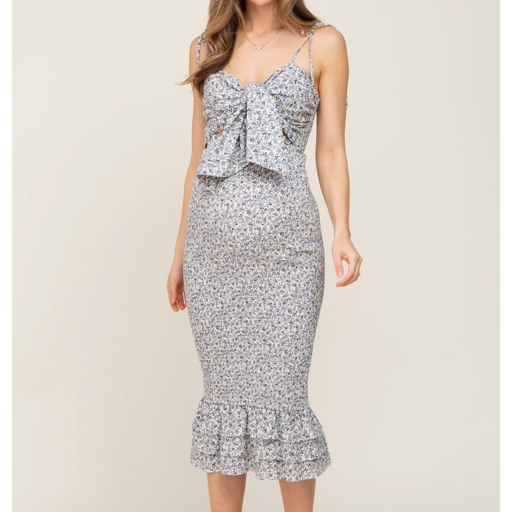 Blue floral knot smocked maternity midi dress
